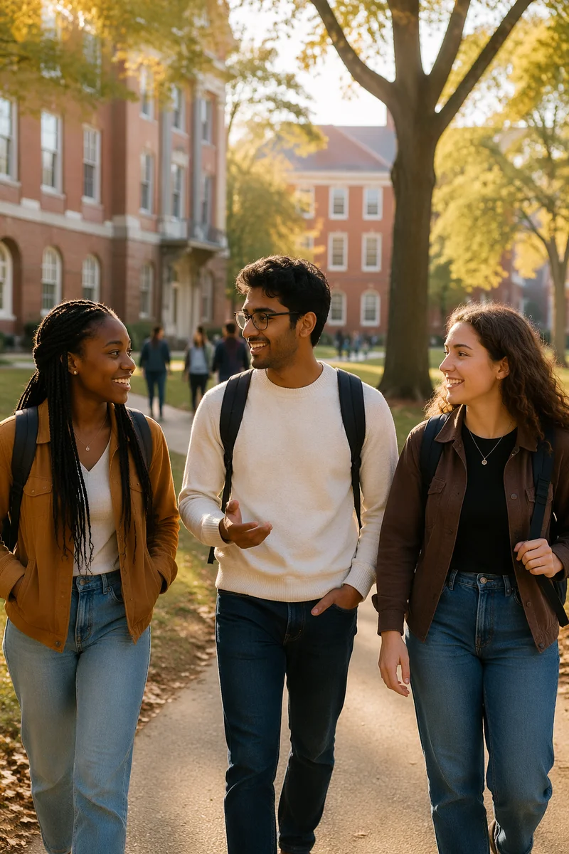 College Students Walking Across Autumn Campus