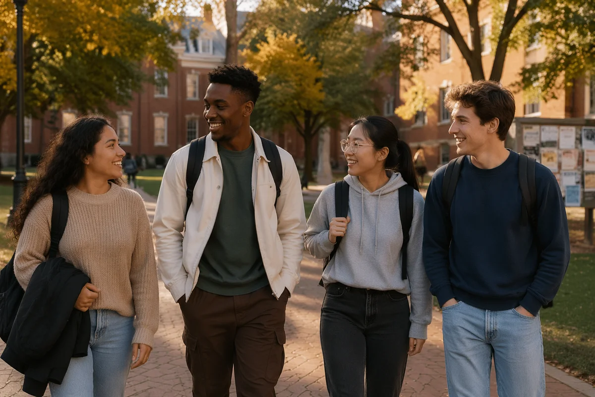 College Students Walking Across Autumn Campus Quad