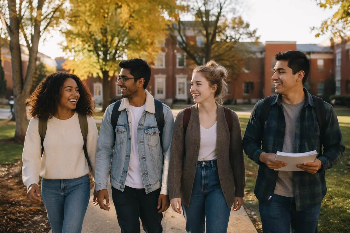 Diverse College Students Walking Across Campus