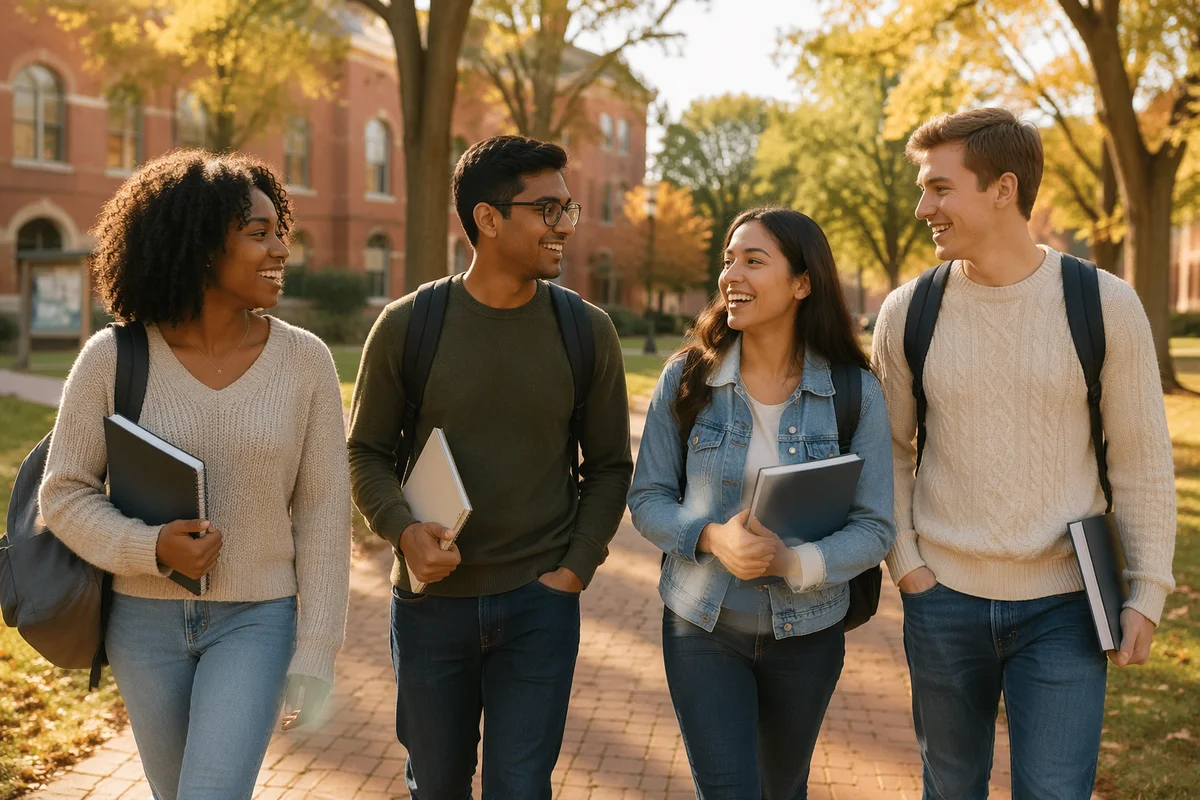College Students Walking Across Autumn Campus