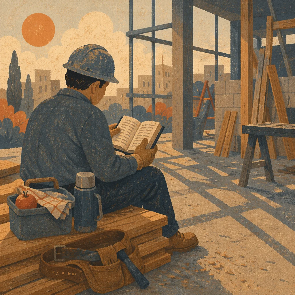 Construction Worker Reading Bible at Break