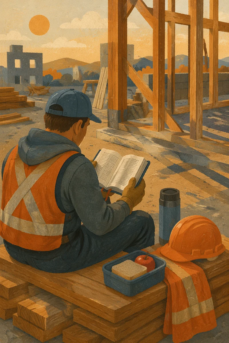 Construction Worker Reading Bible at Lunch