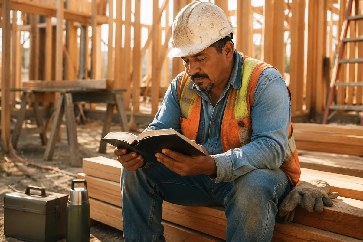 Construction Worker Reading Bible on Break
