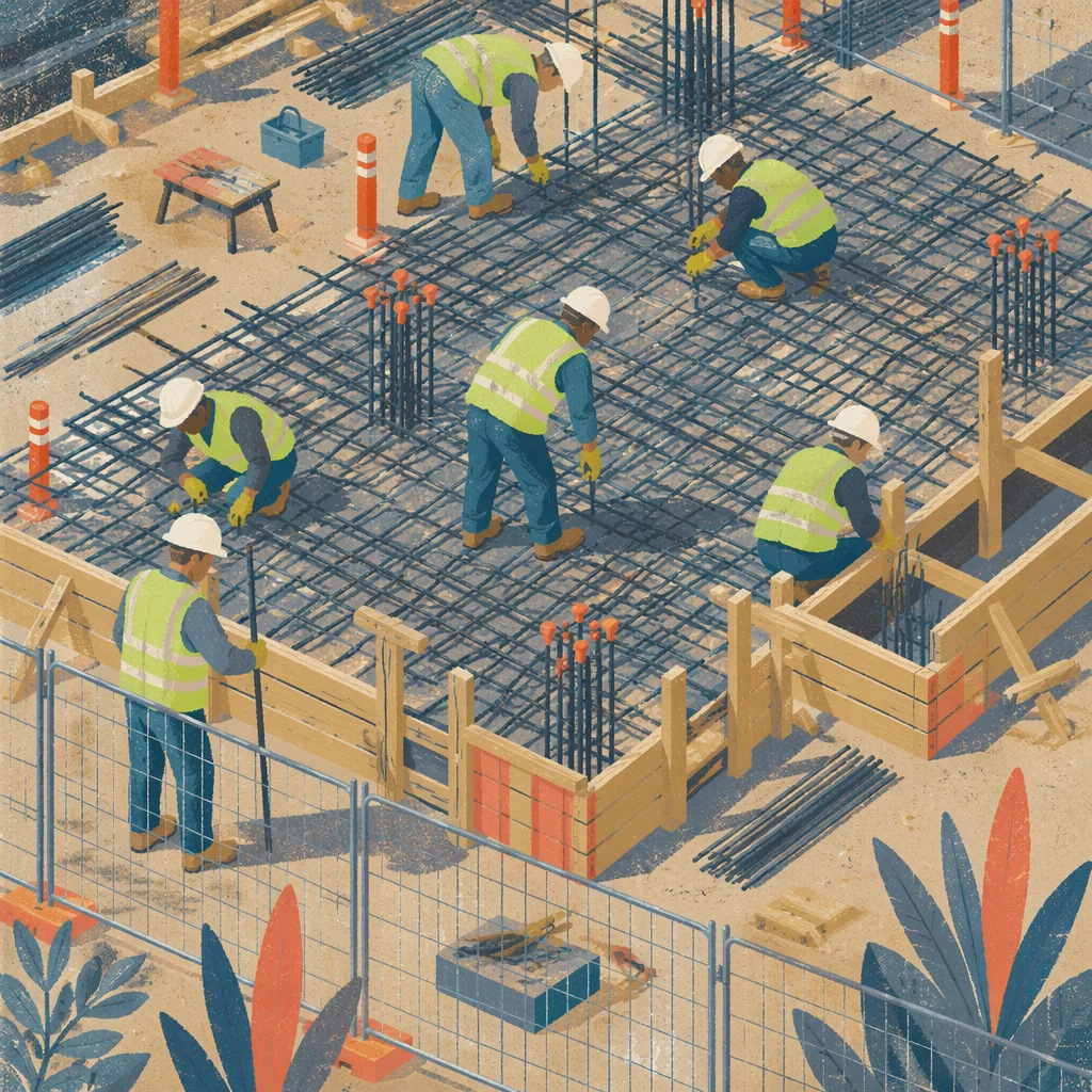 Construction Workers Assembling Rebar on Site