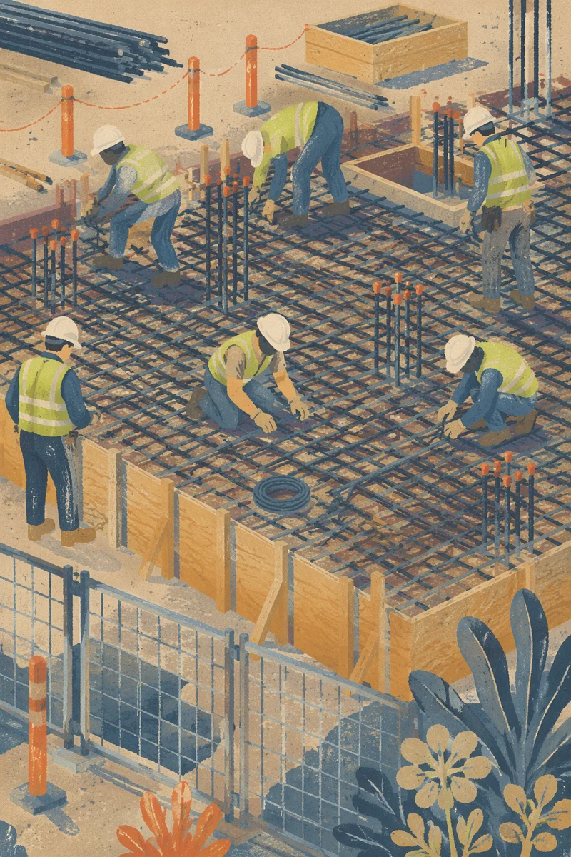 Construction Workers Assembling Rebar From Above