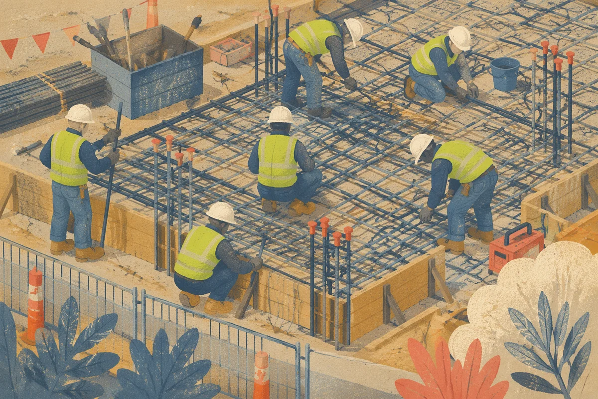 Construction Workers Assembling Rebar Grid Above