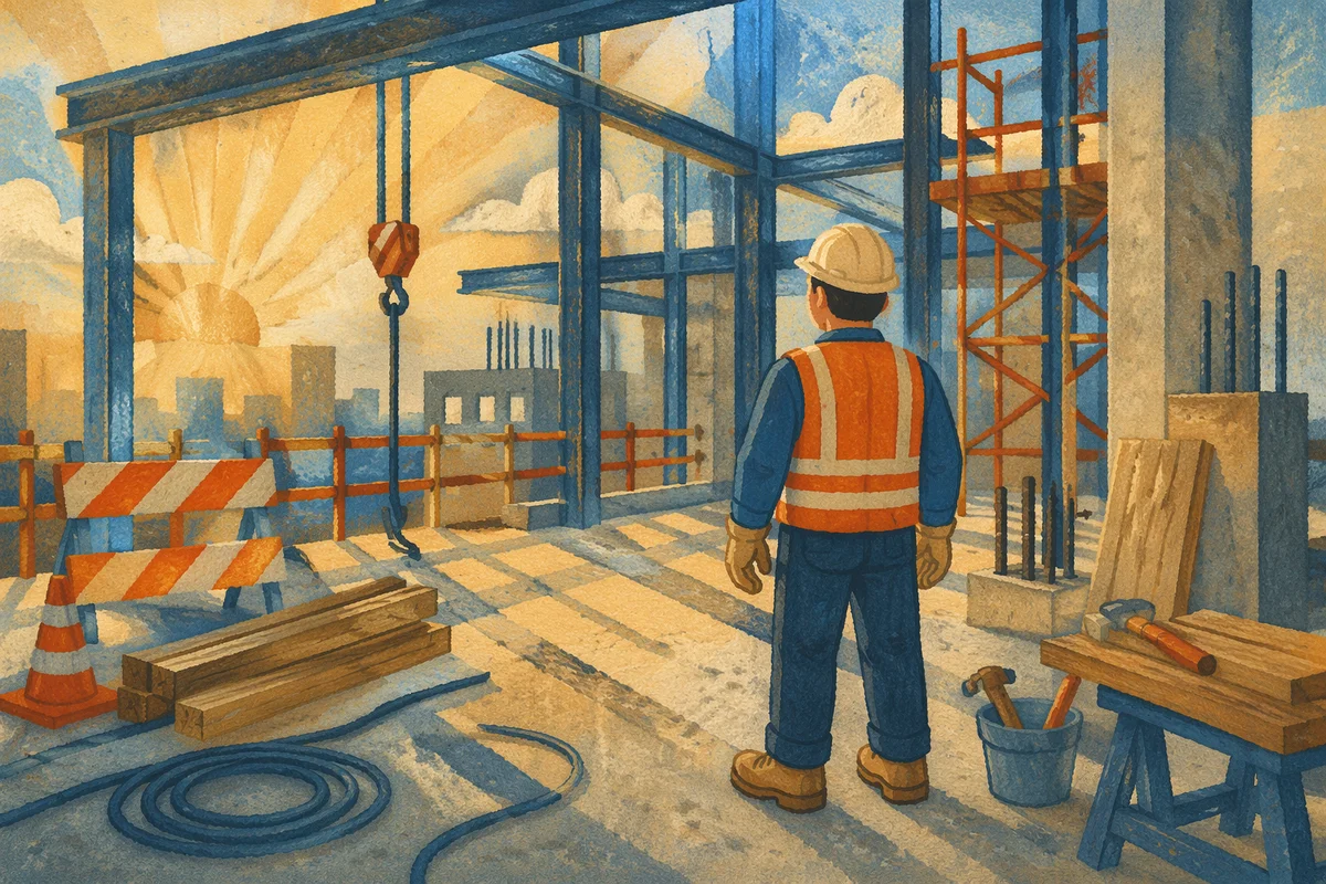 Construction Worker at Sunrise Building Site