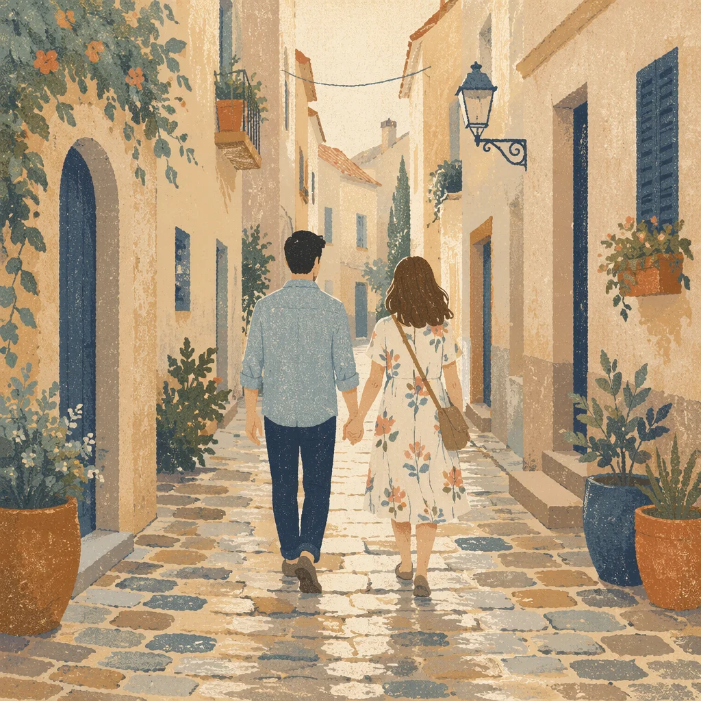Romantic Couple Walking Through Cobblestone Alley