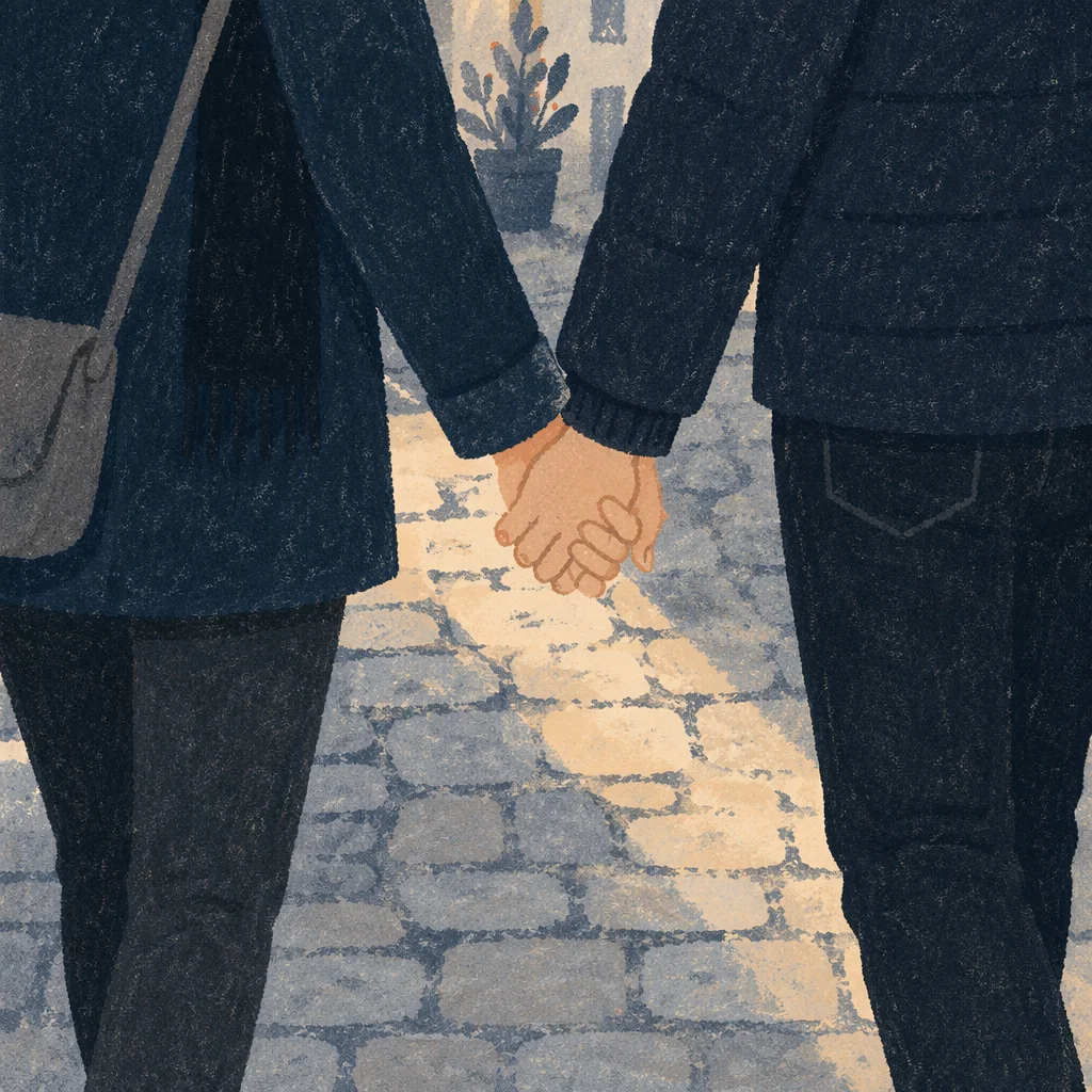 Romantic Couple Holding Hands on Cobblestones