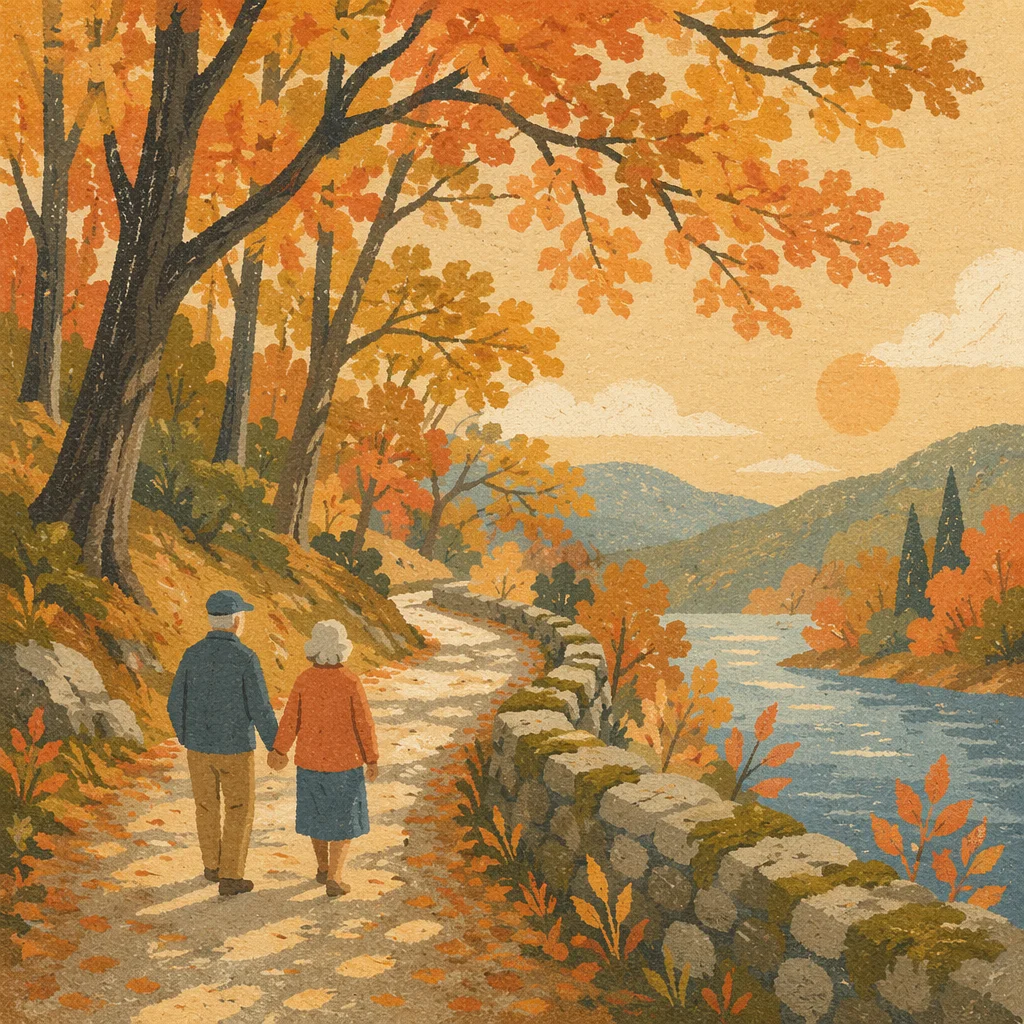 Mature Couple Walking Autumn Forest Path