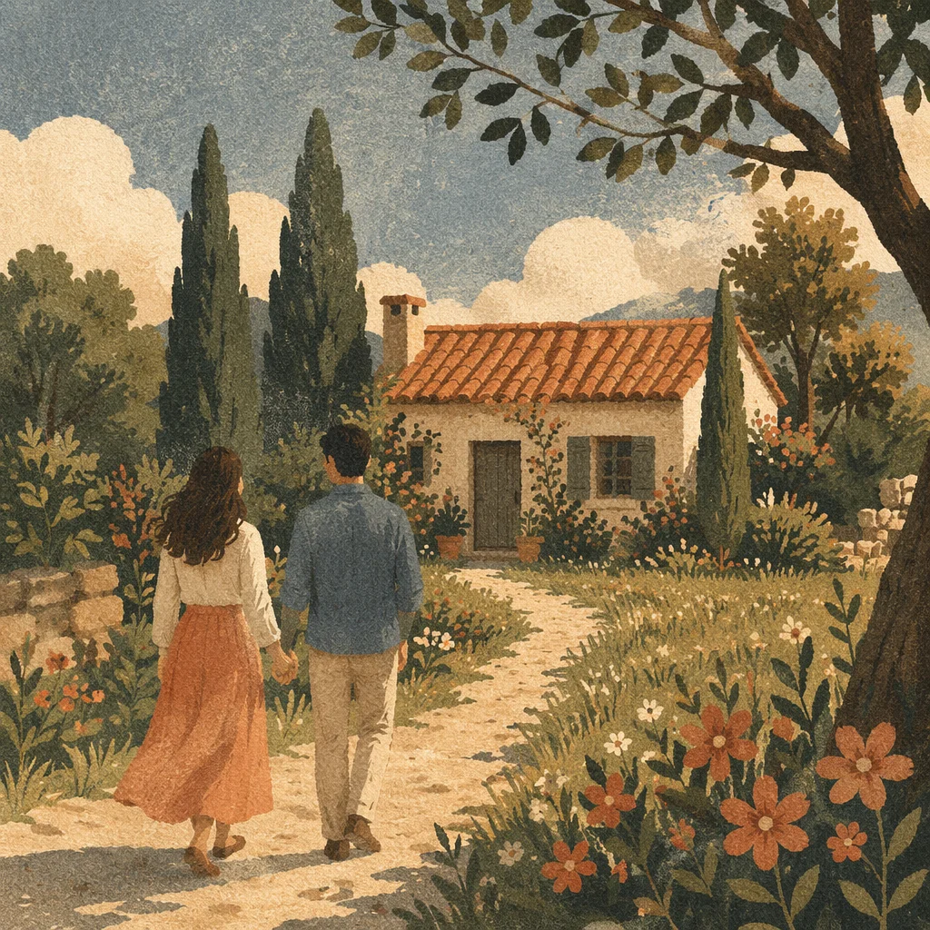Romantic Couple Walking Through Garden Path