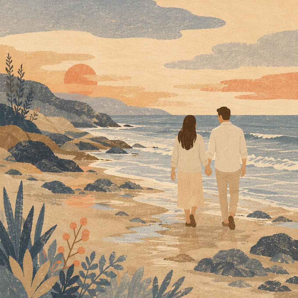 Romantic Couple Walking Along Dusk Shoreline