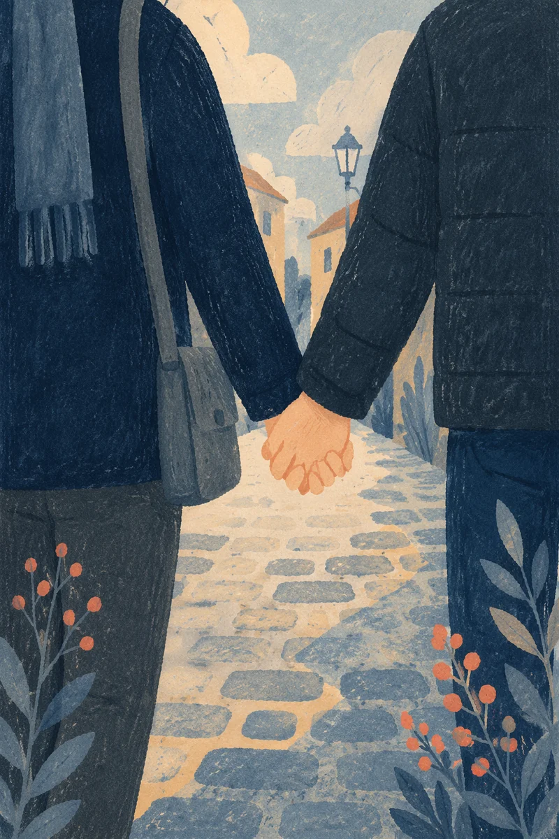 Romantic Couple Holding Hands on Cobblestone Street