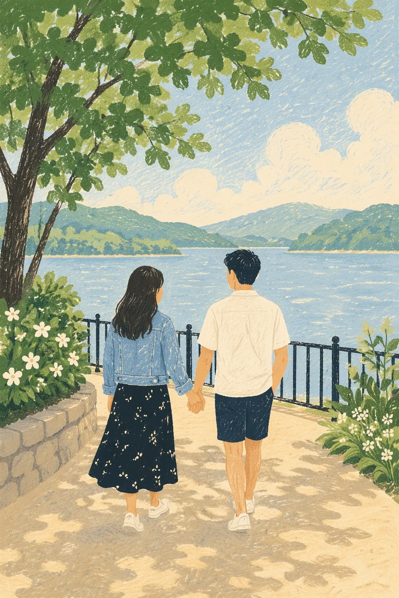 Romantic Couple Walking by Sunlit Lake