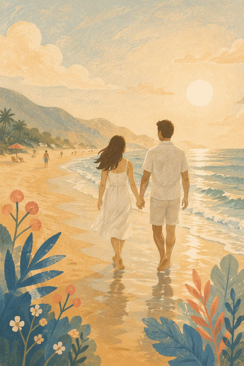 Romantic Couple Walking Along Golden Shoreline