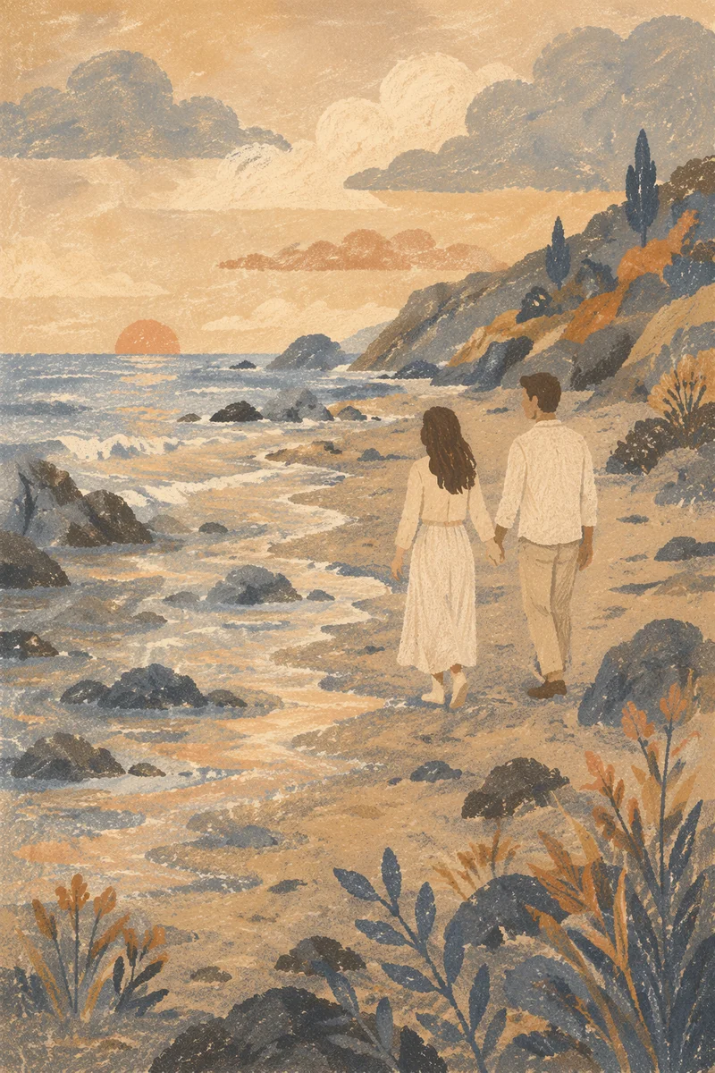 Romantic Couple Walking Along Quiet Shoreline