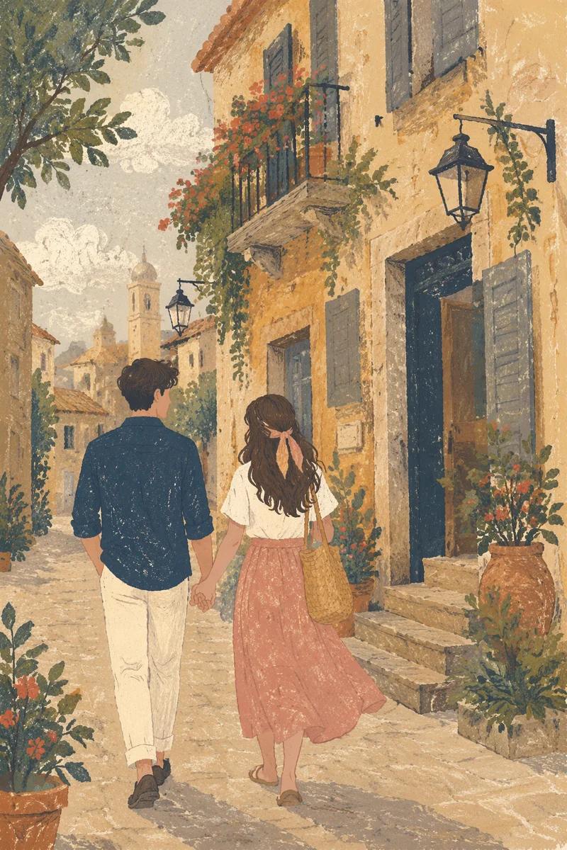 Romantic Couple Walking Through Old Street