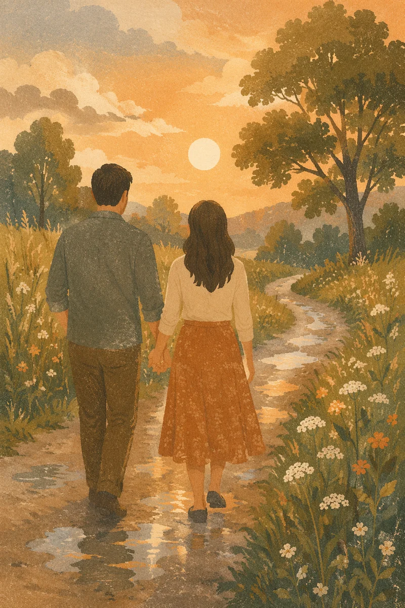 Romantic Couple Walking Country Lane