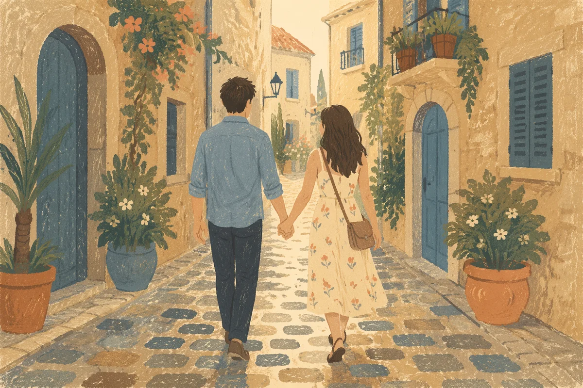 Romantic Couple Walking Through Cobblestone Alley
