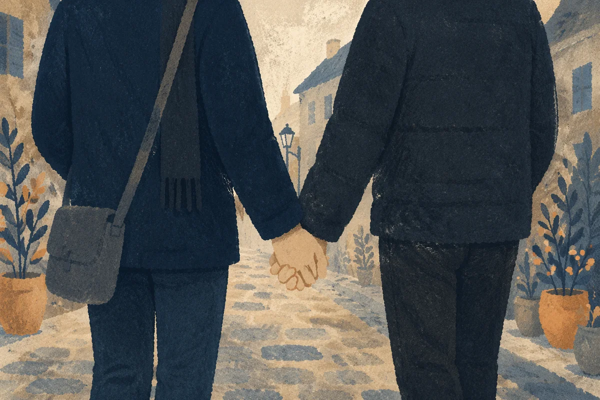 Romantic Couple Holding Hands on Cobblestone Street