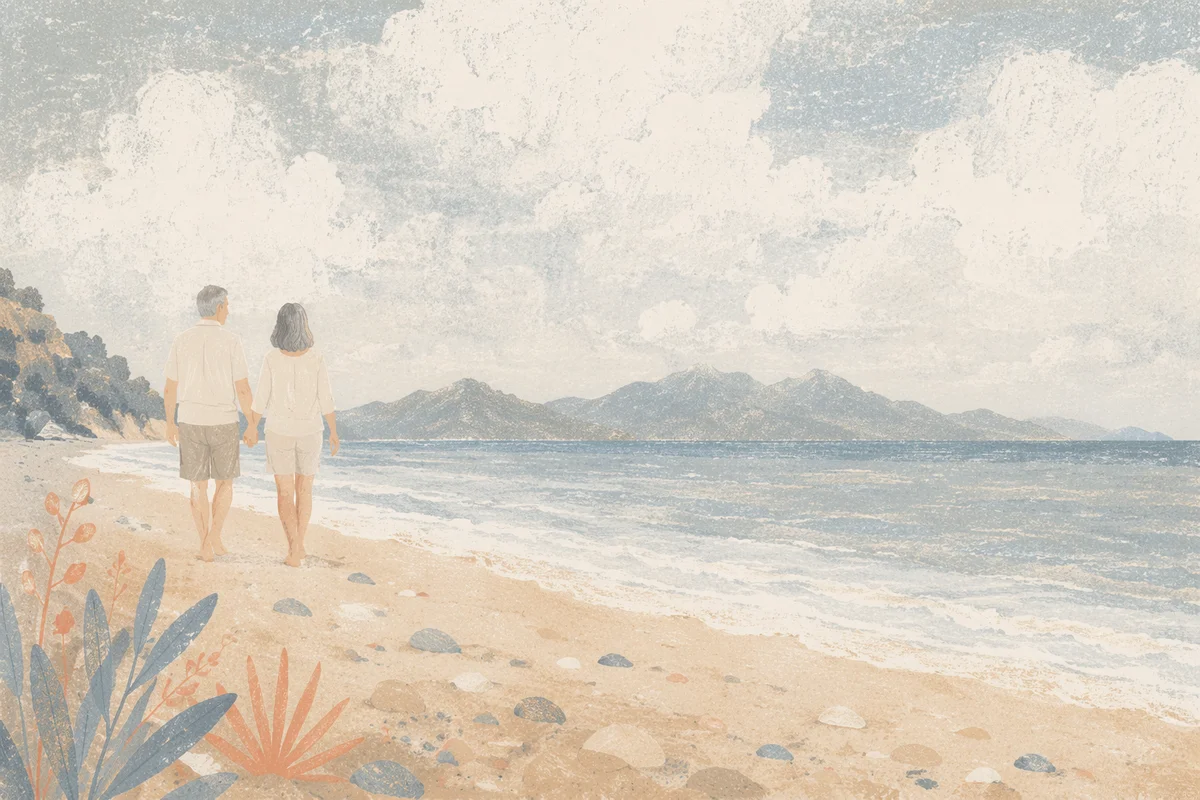 Mature Couple Holding Hands on Quiet Beach
