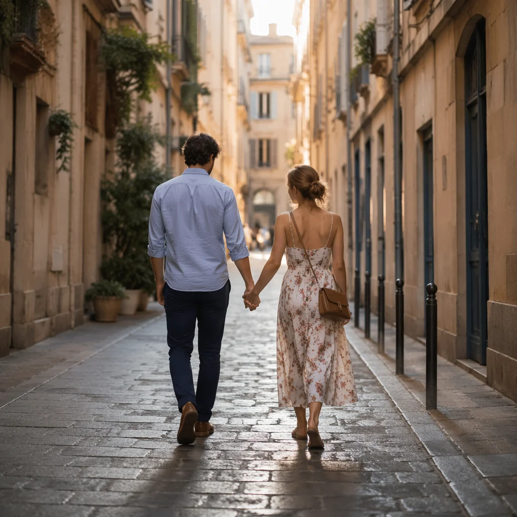Romantic Couple Walking Through Cobblestone Alley
