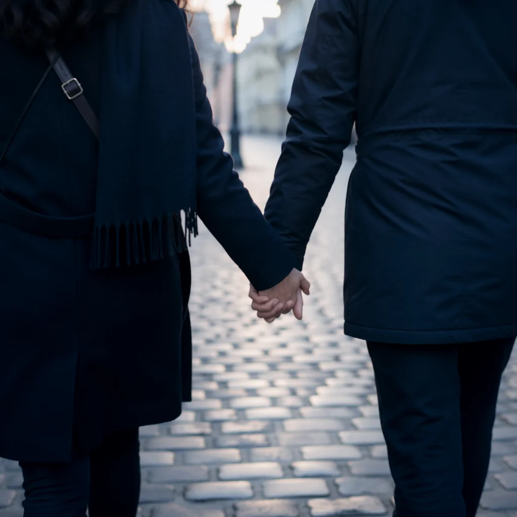 Romantic Couple Holding Hands on Cobblestones