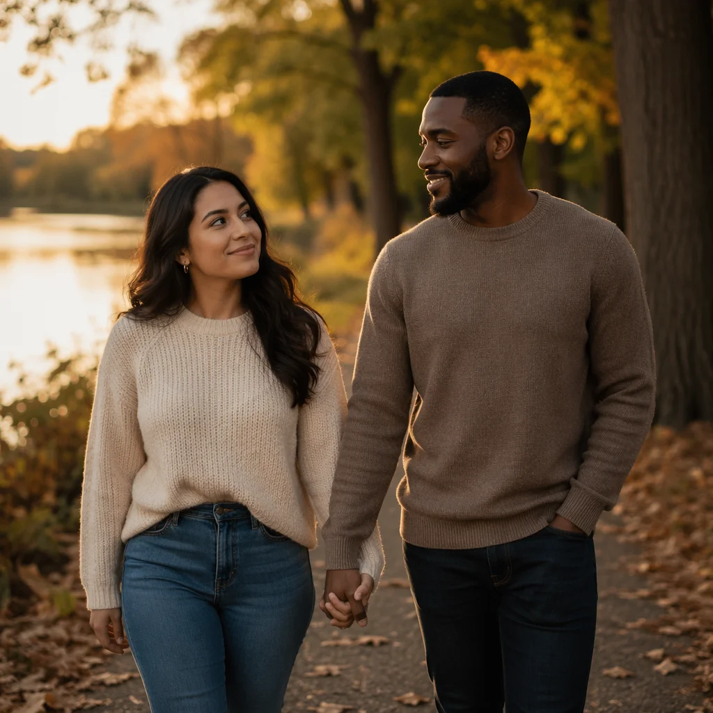 Romantic Couple Walking by Riverside Path