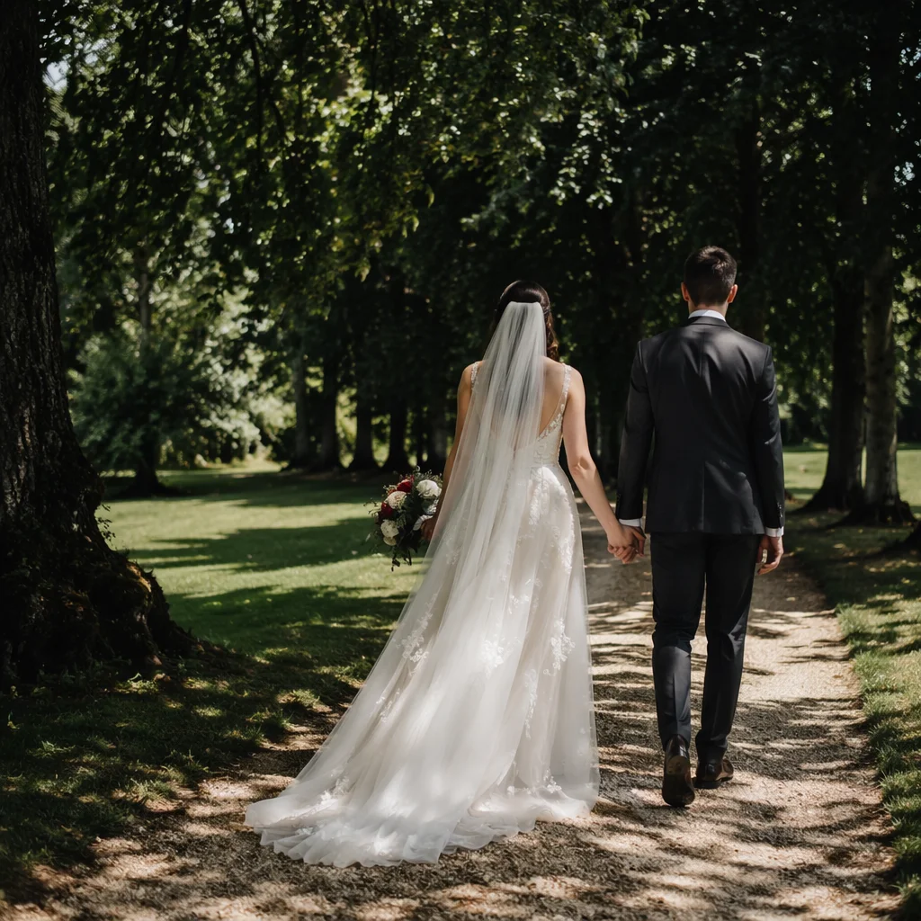 Newlyweds Walking Hand in Hand Through Park