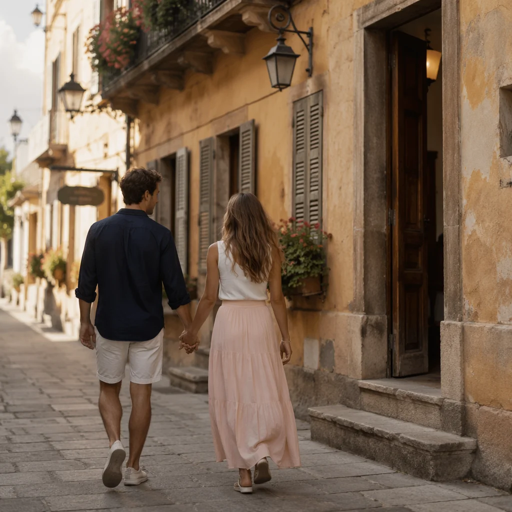 Romantic Couple Walking Old Street