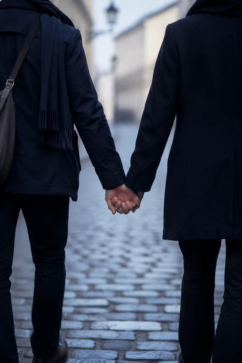 Romantic Couple Holding Hands on Cobblestone Street
