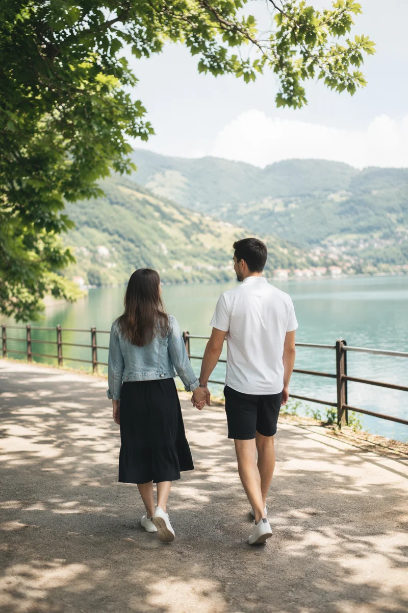 Romantic Couple Walking by Peaceful Lake