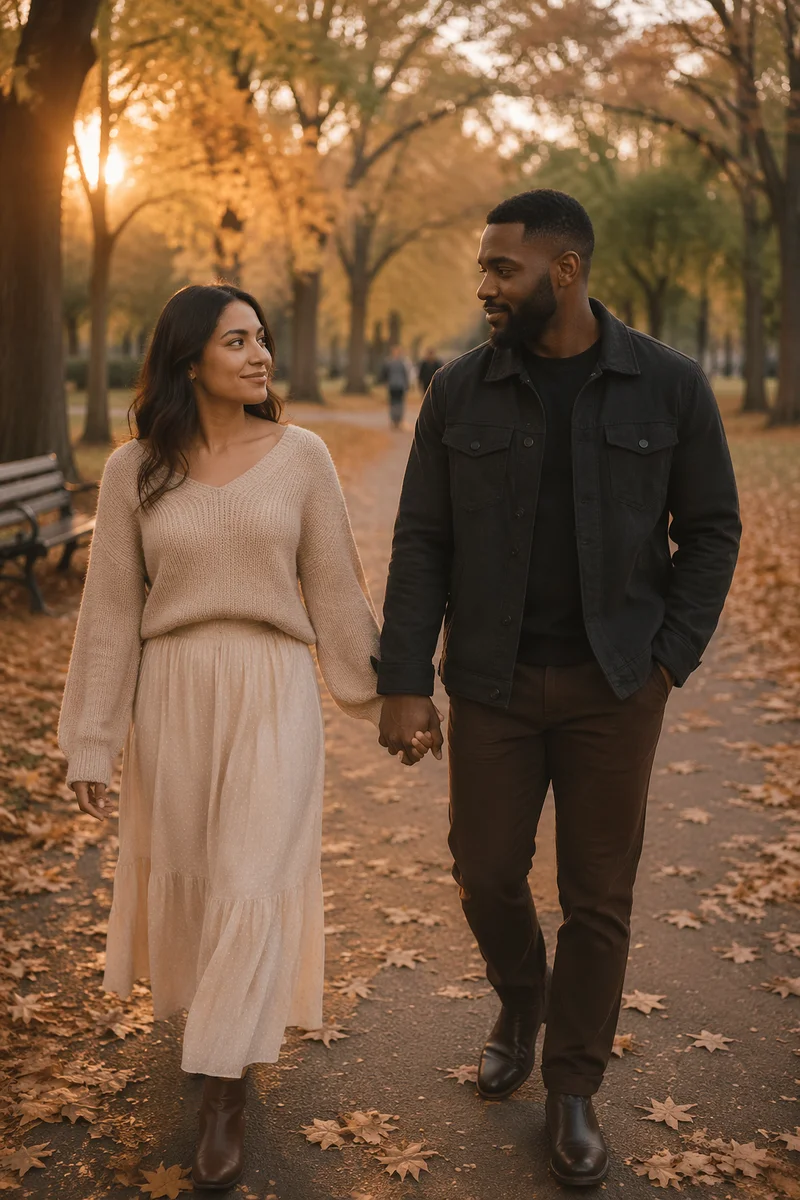 Romantic Couple Walking in Autumn Park