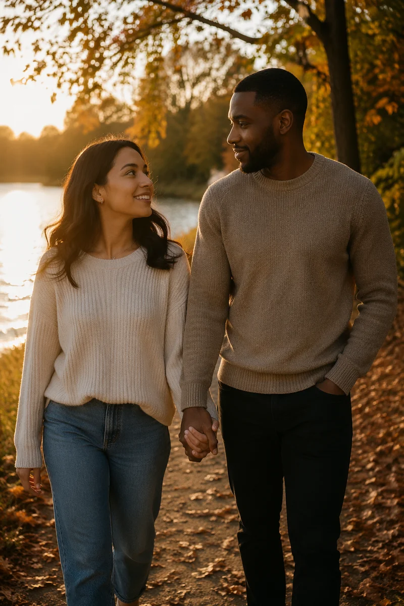 Romantic Couple Walking by Riverside Path