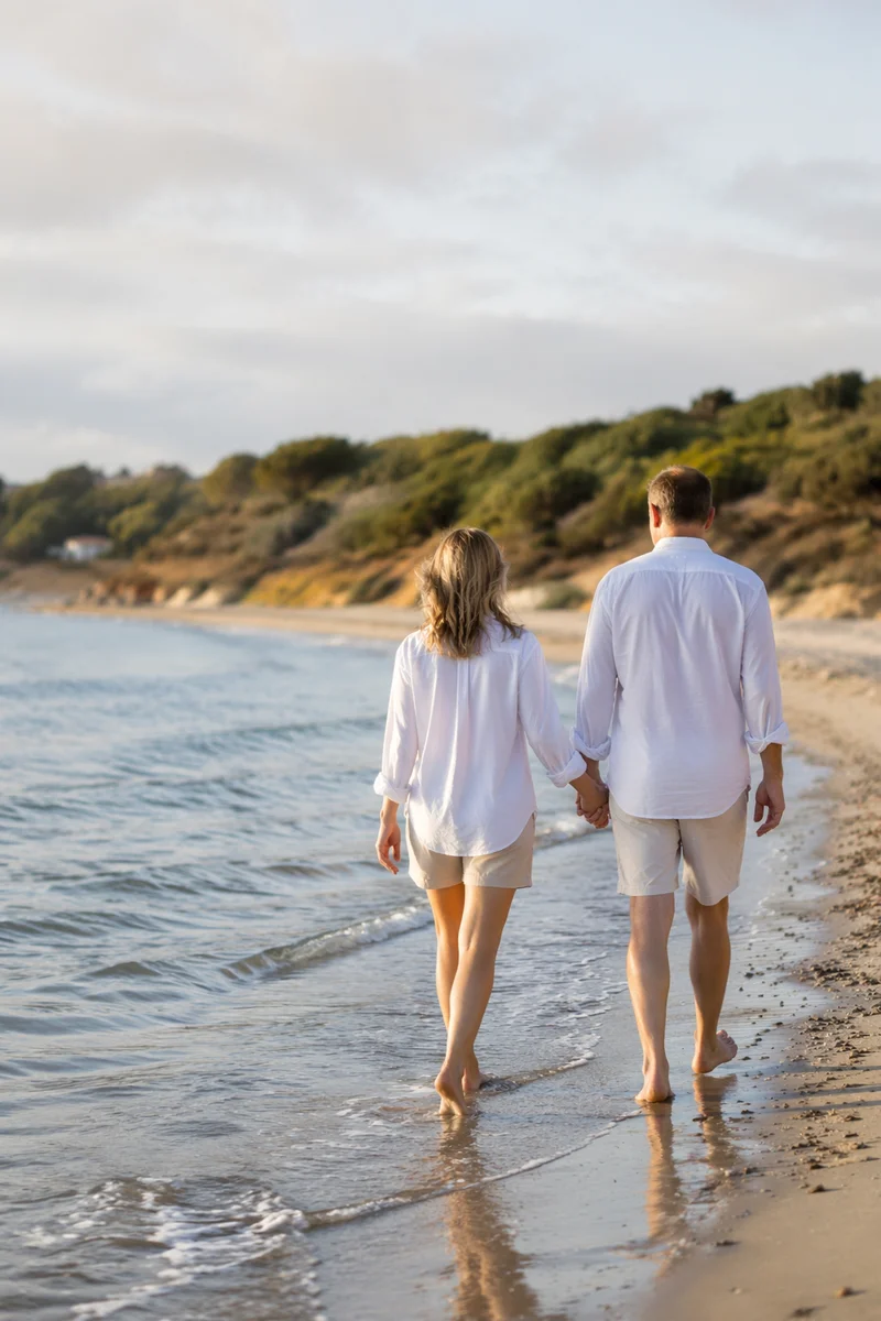 Romantic Couple Walking Hand in Hand on Beach