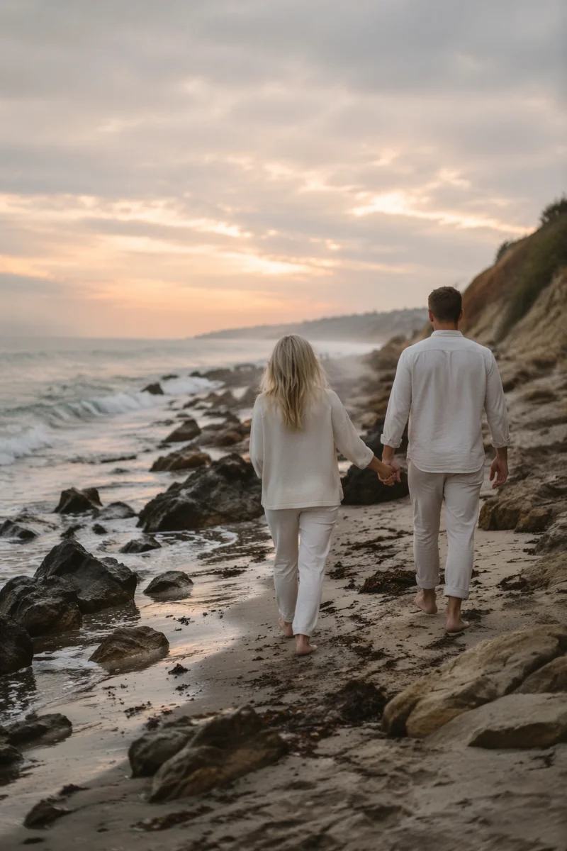 Romantic Couple Walking Along Rocky Shoreline
