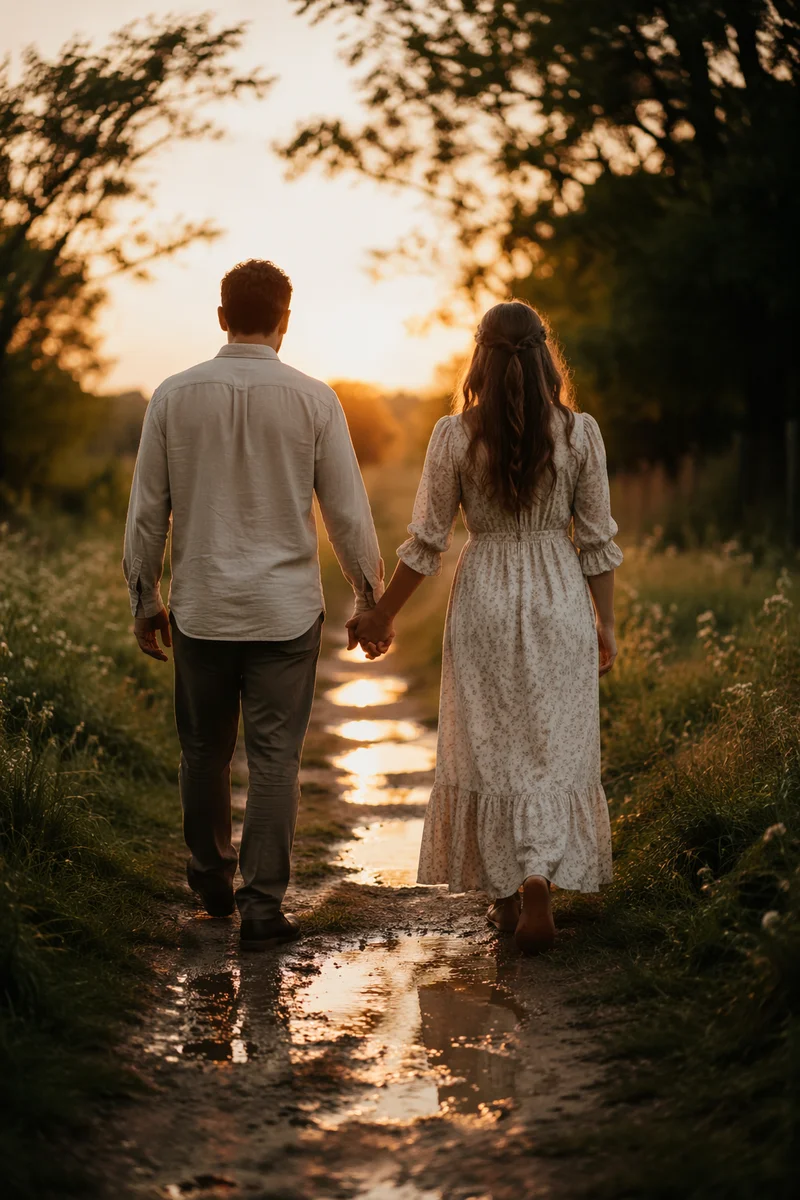 Couple Walking Hand in Hand at Golden Hour