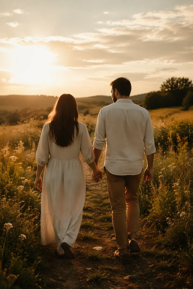 Couple Walking Hand in Hand at Golden Hour