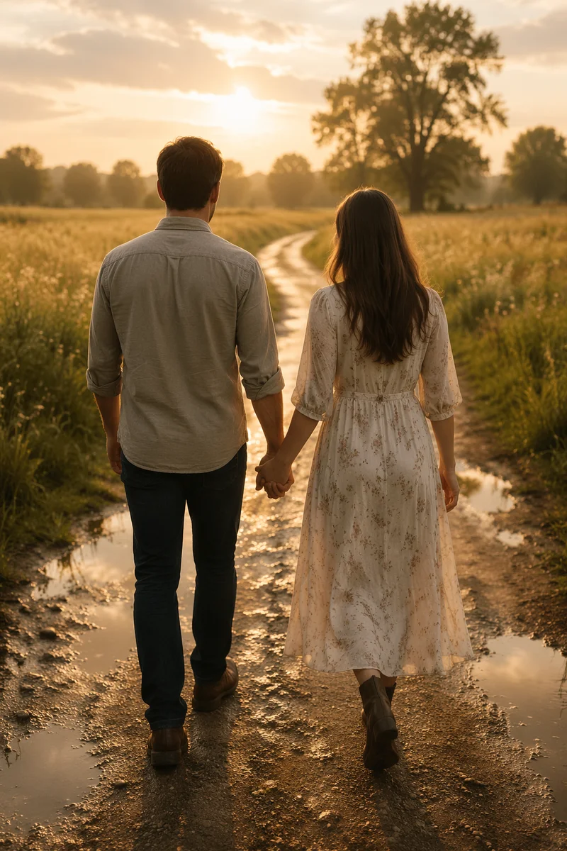 Romantic Couple Walking Countryside Lane After Rain