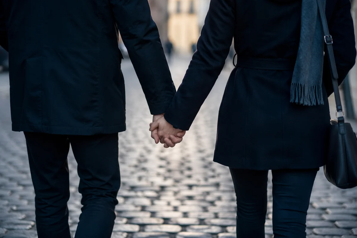 Romantic Couple Holding Hands on Cobblestone Street