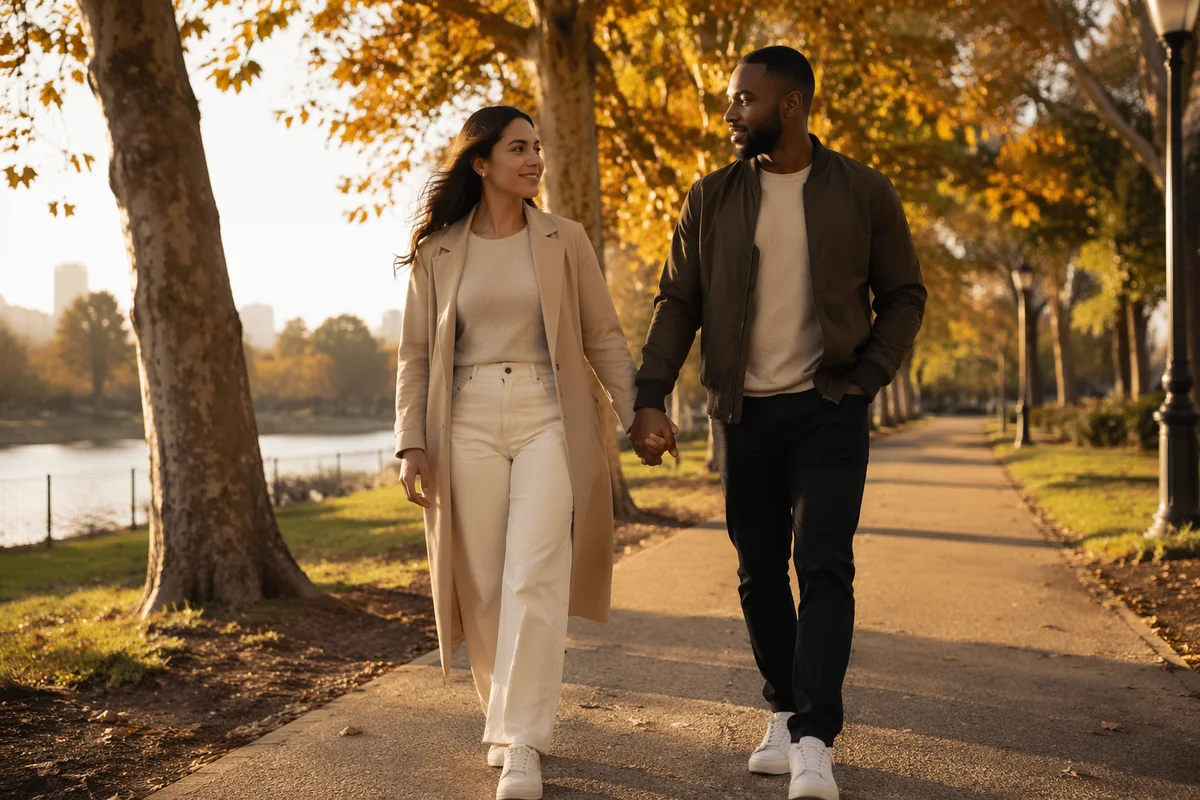 Romantic Couple Walking in Autumn Park