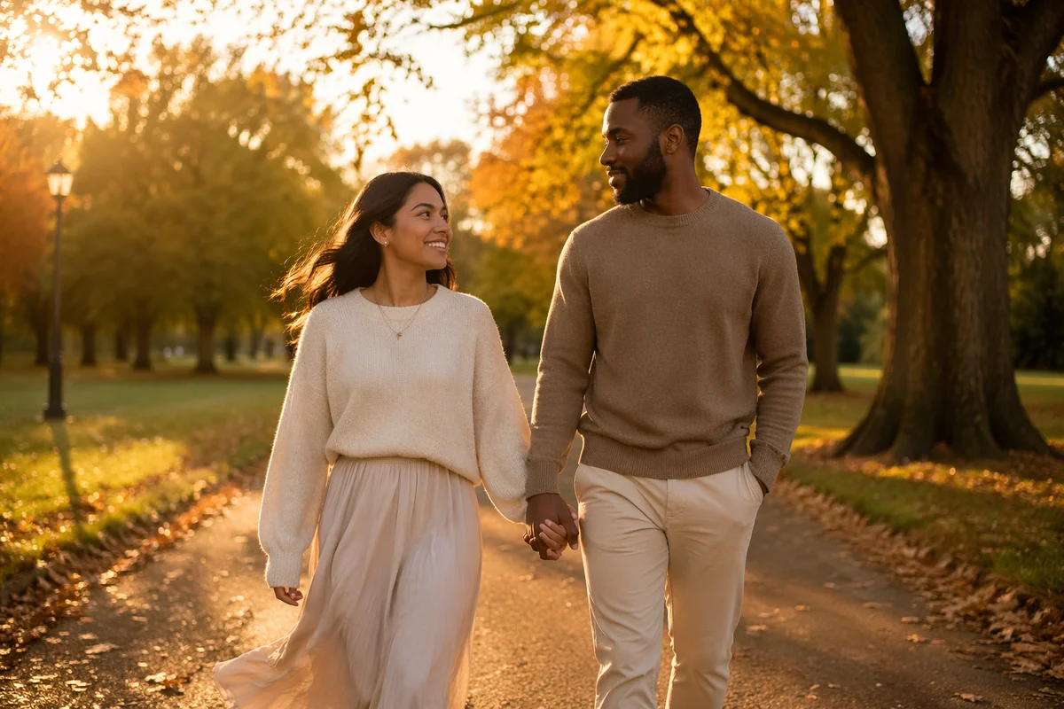 Romantic Couple Walking in Autumn Park