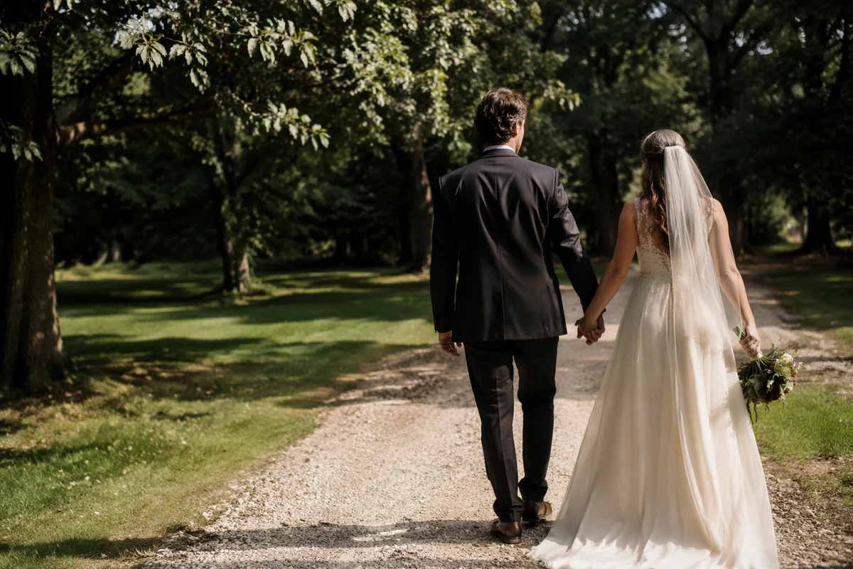 Newlywed Couple Walking Through Leafy Park