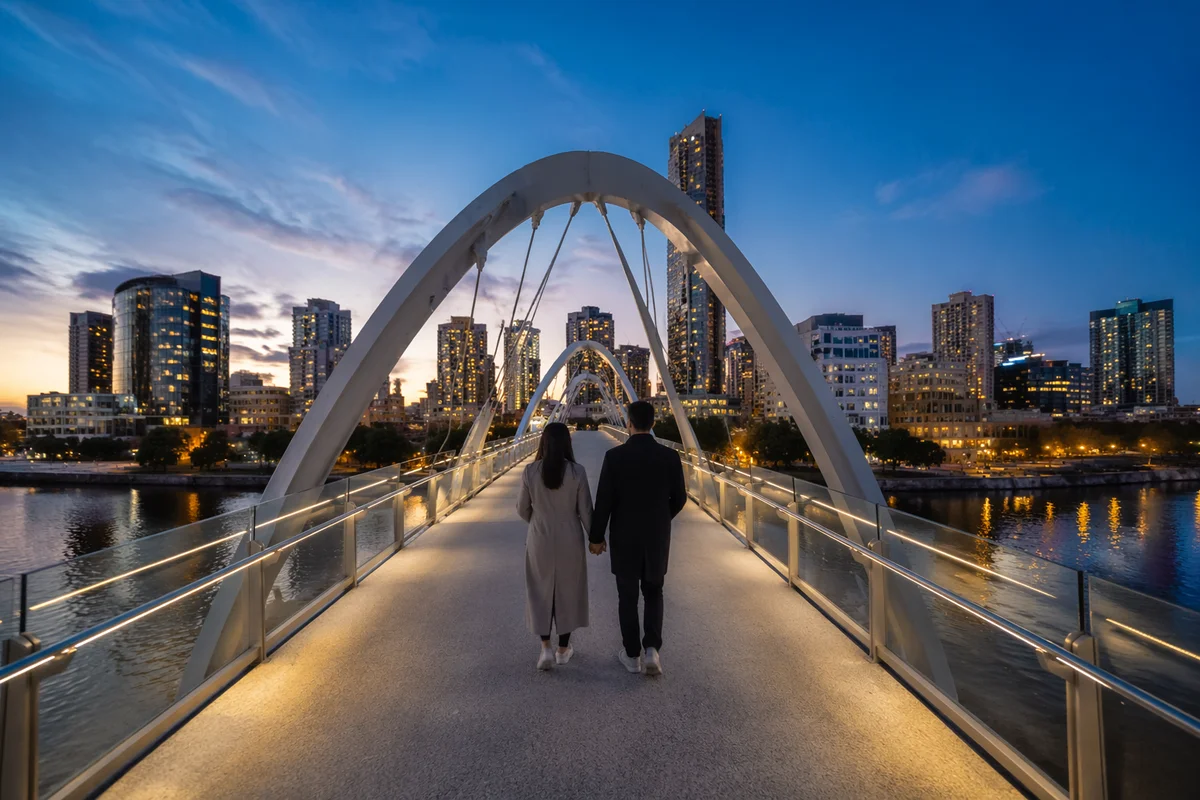 Romantic Couple Walking Across City Bridge