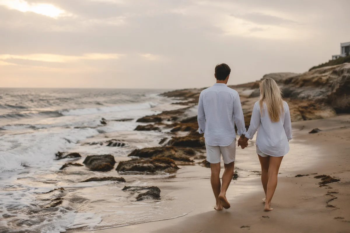 Romantic Couple Walking Along Rocky Shoreline