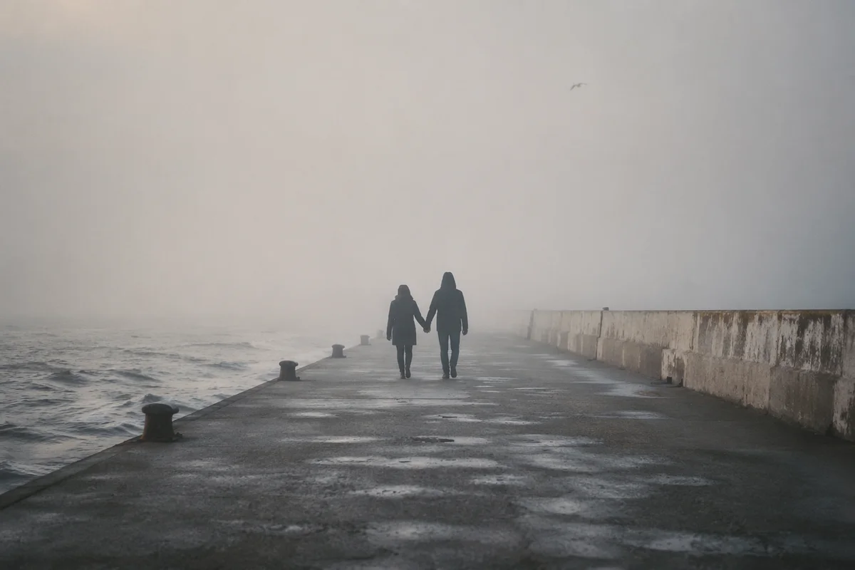 Foggy Seaside Walk of Devoted Couple