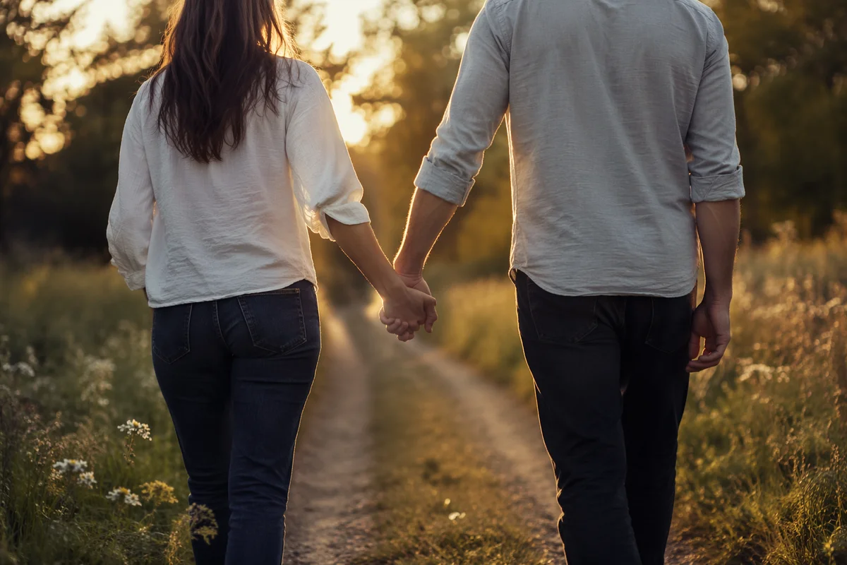 Couple Holding Hands on Countryside Path
