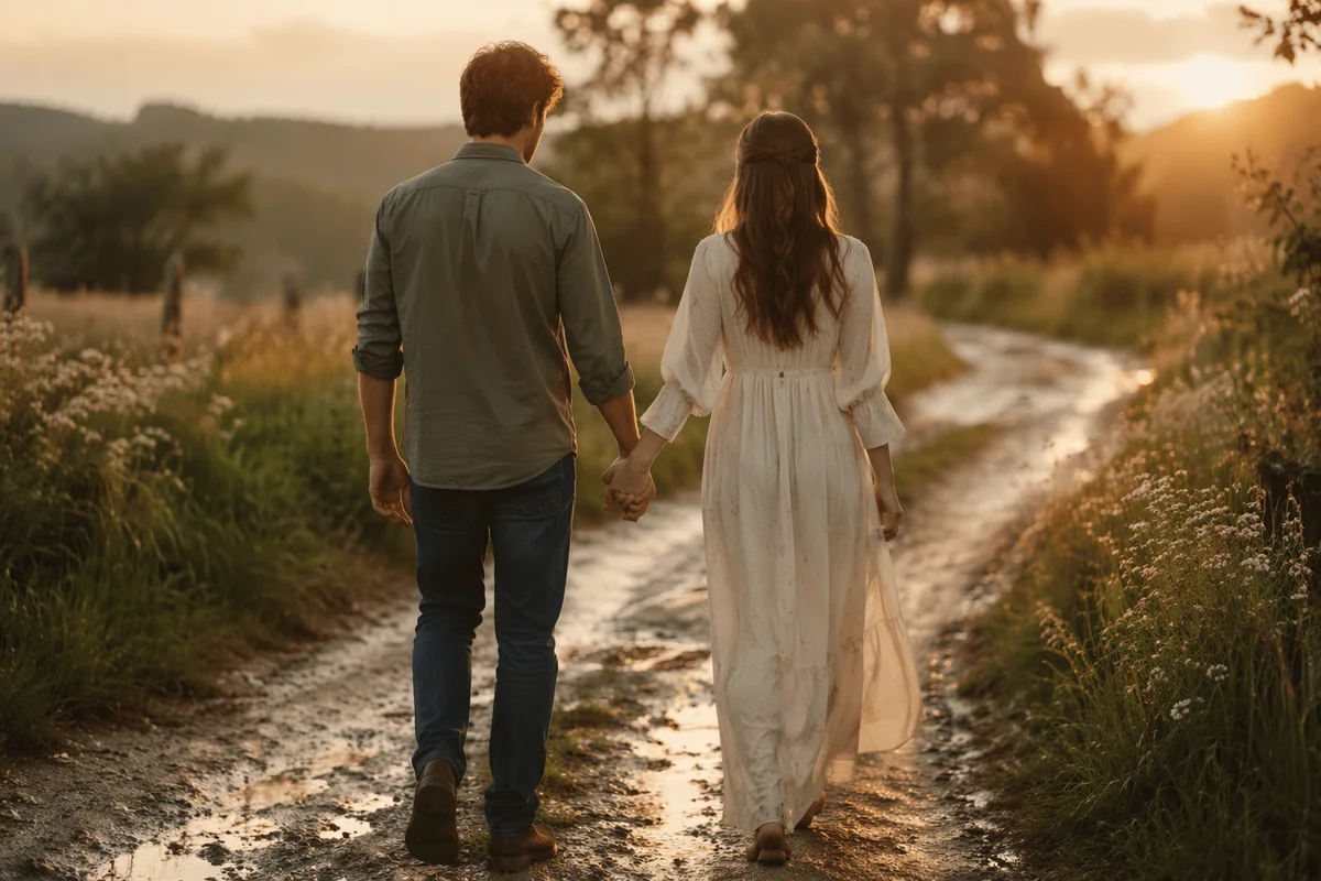Romantic Couple Walking After Rain