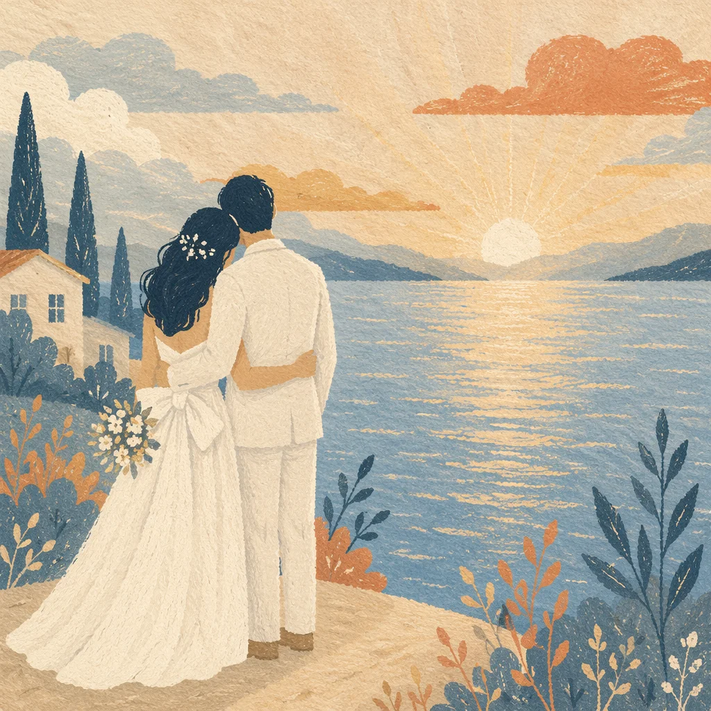 Newlywed Couple Embrace at Lakeside Retreat