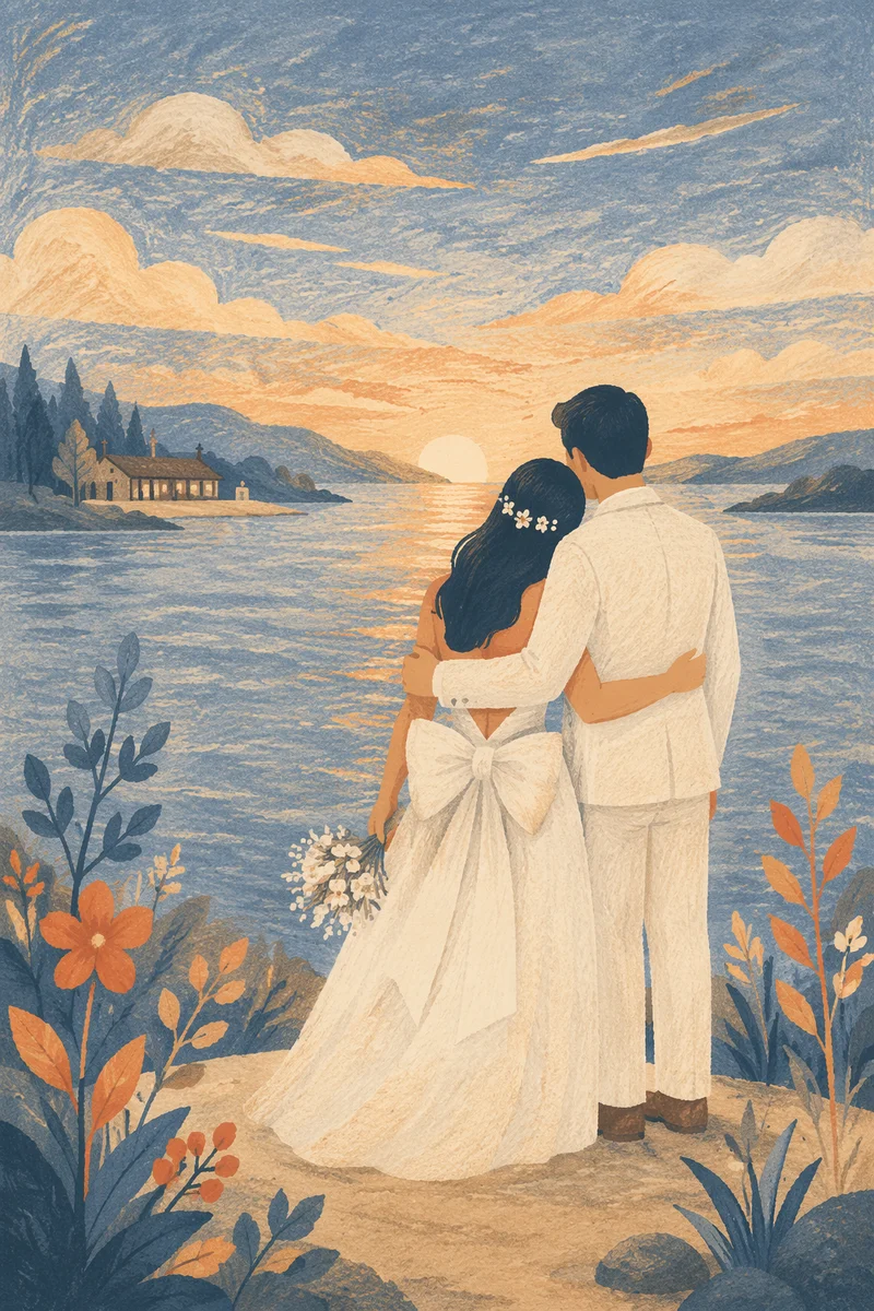 Newlywed Couple Embrace at Lakeside Retreat